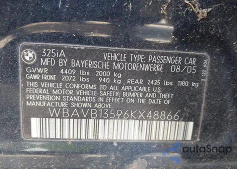 2006 BMW 325I I from USA, damaged, VIN WBAVB13596KX48866